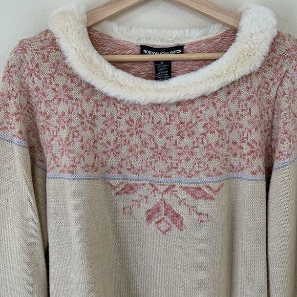 Fair Isle sweater Cream‎ pastel pink snowflake Fur Collar size XL - Picture 2 of 9